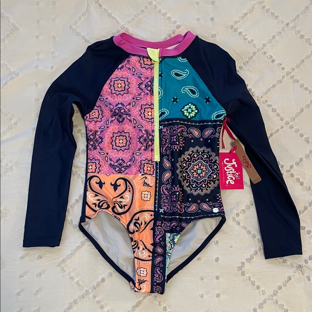 Justice Kids Rashguard one piece swimsuit with Pink and Blue Patchwork nwt